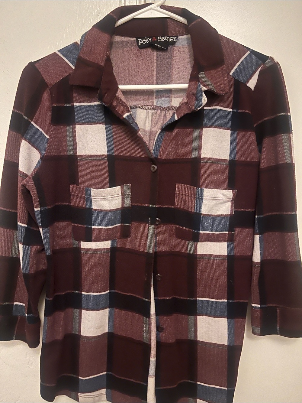 Polly & Esther Burgundy and Cream Plaid Button Front Shirt